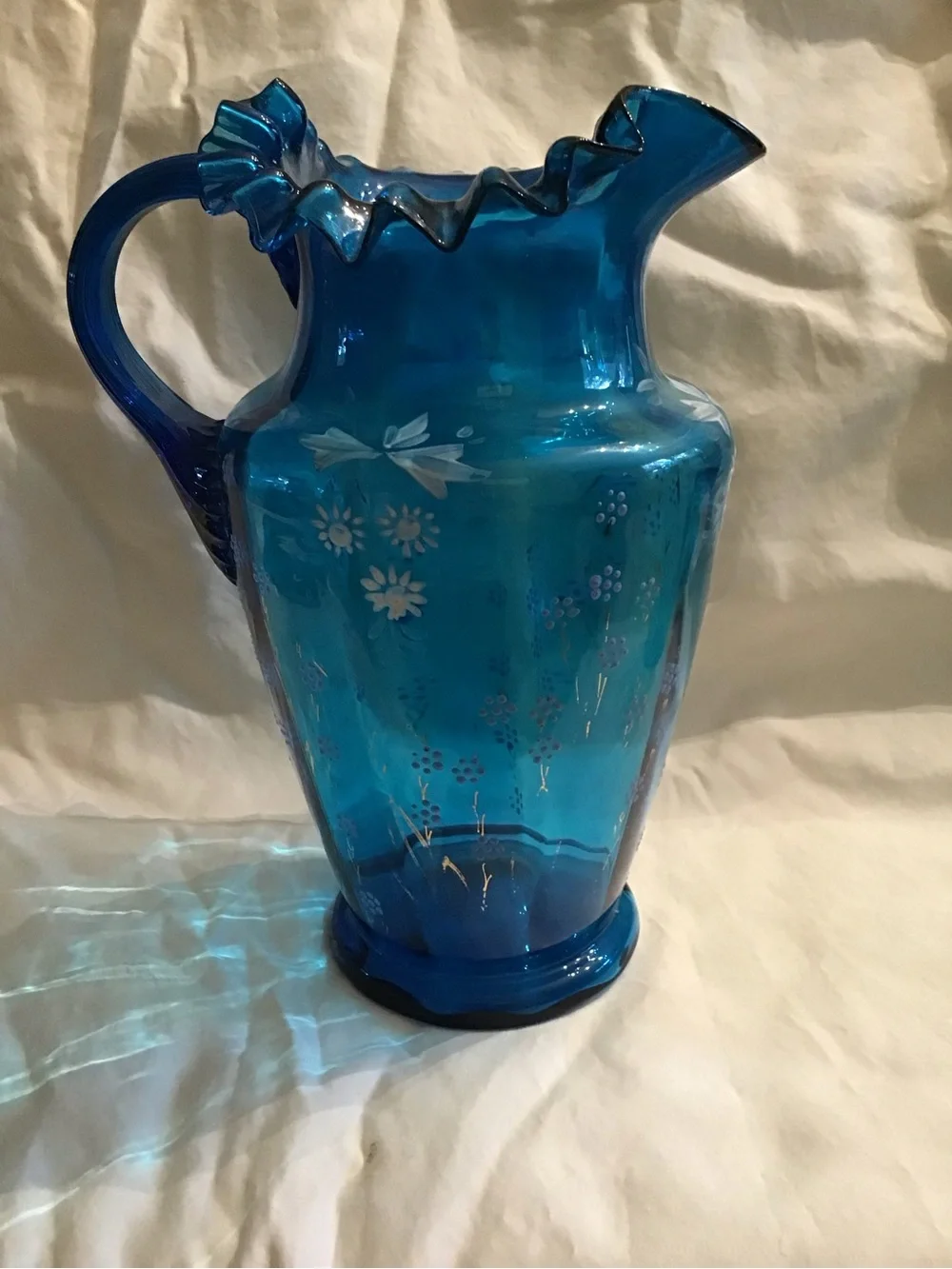 Blue Glass Ruffled Pitcher - Decorative Home Accent
